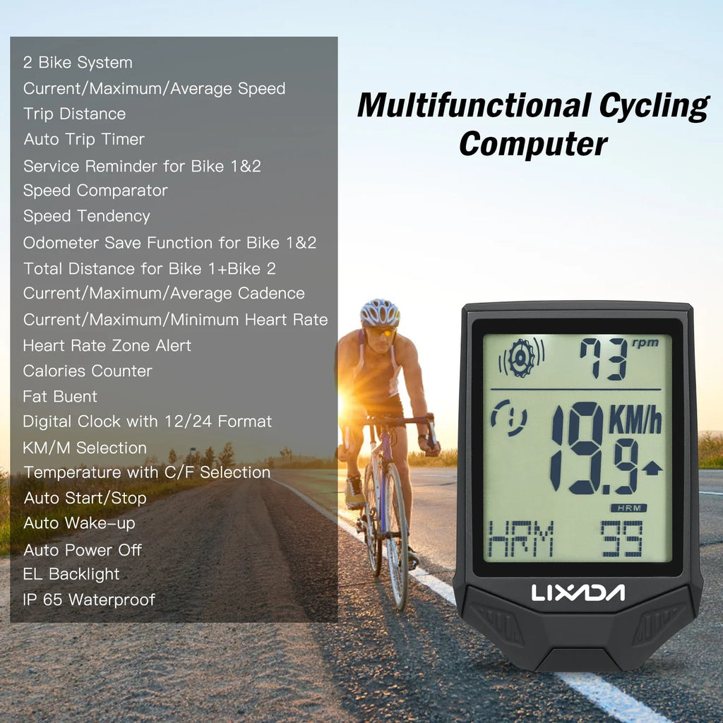 Lixada Wireless Bike Computer HR Sensor Backlit Display