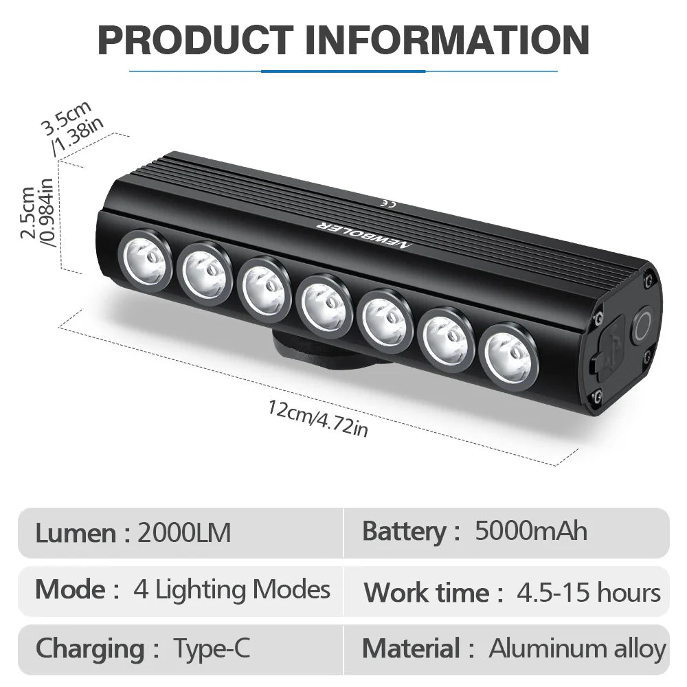 Newboler 2000 Lumen Front Bike Light, USB Rechargeable, 5000mAh Aluminum Alloy Headlamp for MTB Road Gravel